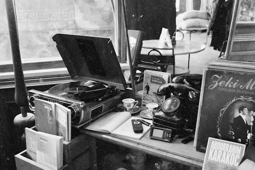 Black and white image showcasing a vintage turntable, rotary phone, and records on a table, evoking nostalgia.