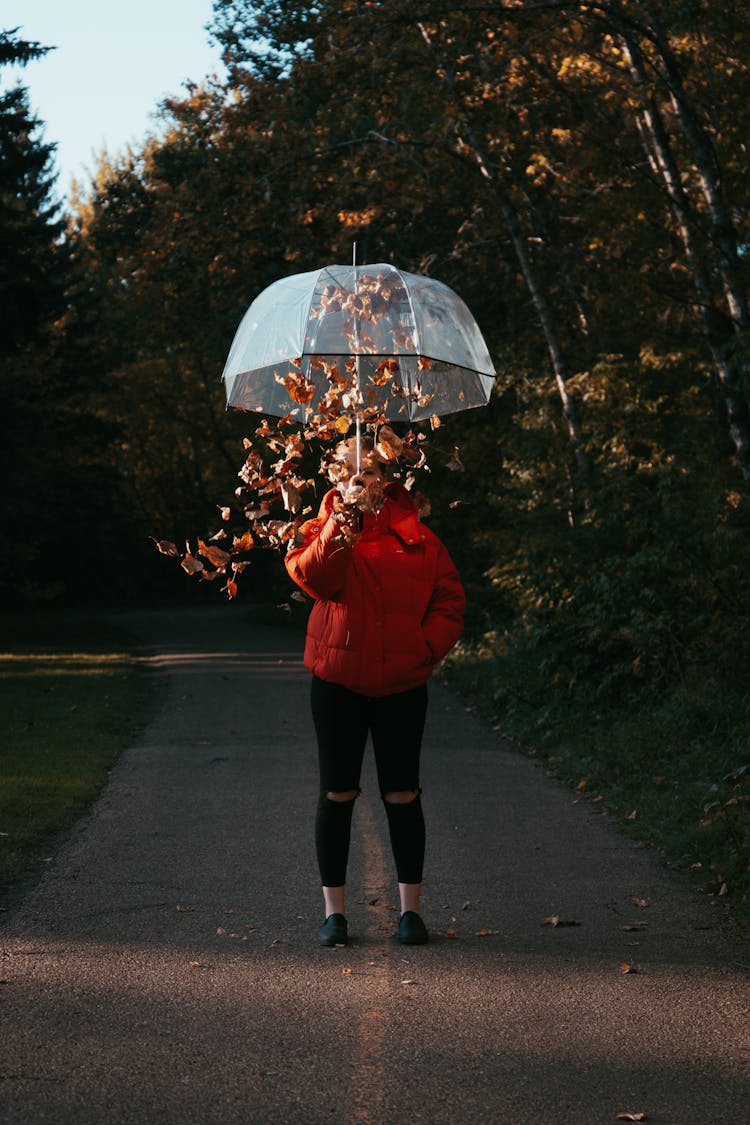 A Person In Red Jacket Holding Umbrella With Falling Dried Leaves