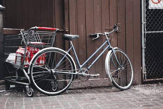 A vintage bicycle parked alongside a shopping cart against a rustic wall, creating an urban scene.