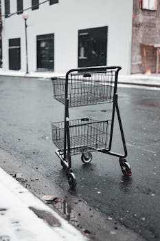 A solitary shopping cart sits on a wet urban street after a rain shower, evoking isolation.