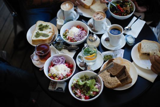 Top view of diverse breakfast options on a table, perfect for foodies.