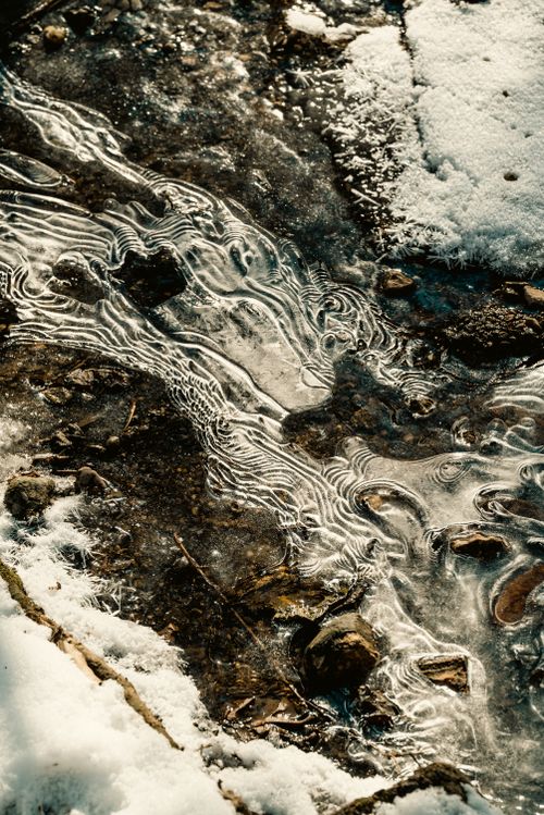 Free Capture of a partially frozen stream displaying intricate ice patterns amid snow and rocks. Stock Photo
