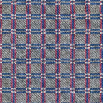 Vibrant tartan fabric featuring red, blue, and white stripes, perfect for fashion design.