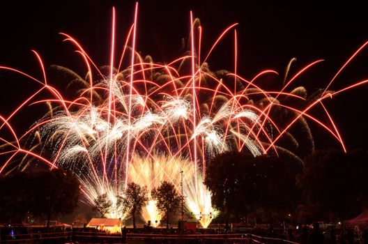 Vibrant fireworks lighting up the night sky during a celebration festival outdoors.
