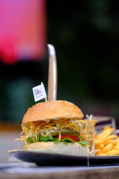 Close-up of a gourmet burger with sesame bun and fries, perfect for food lovers.