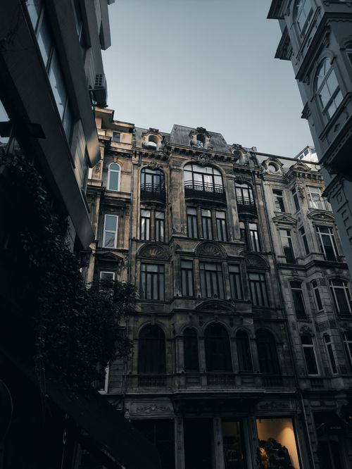 Free A vintage ornate building facade in an urban alley, captured in soft daylight. Stock Photo