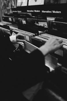 Black and white image of hands browsing vinyl records in a store.