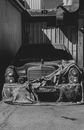 Grayscale Photo of Car in Garage