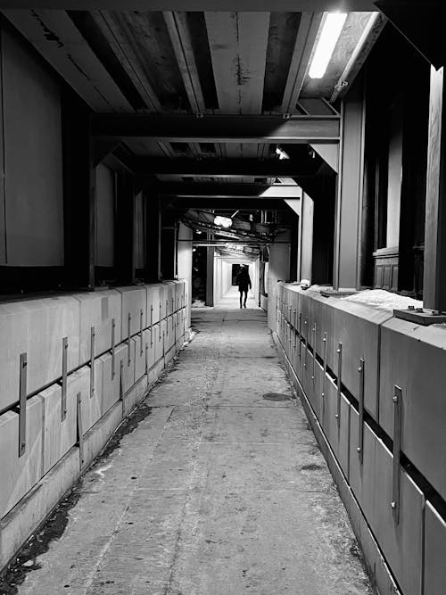 Black and White Photo of a Tunnel