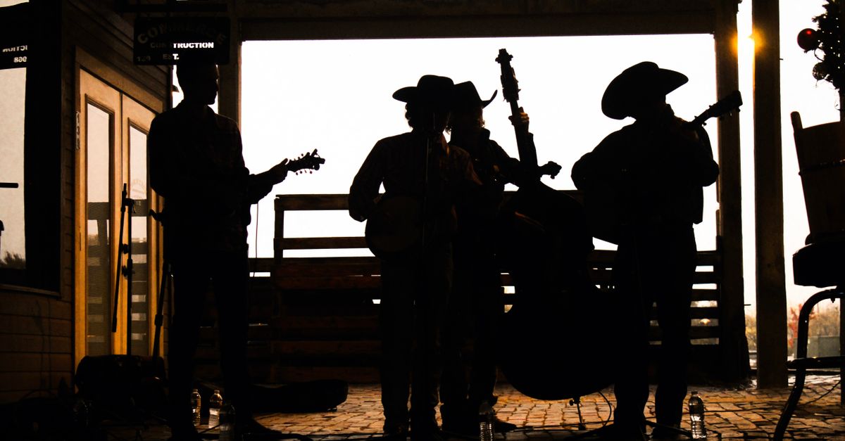 Silhouette of musicians playing string instruments outdoors, creating a rustic and artistic vibe.