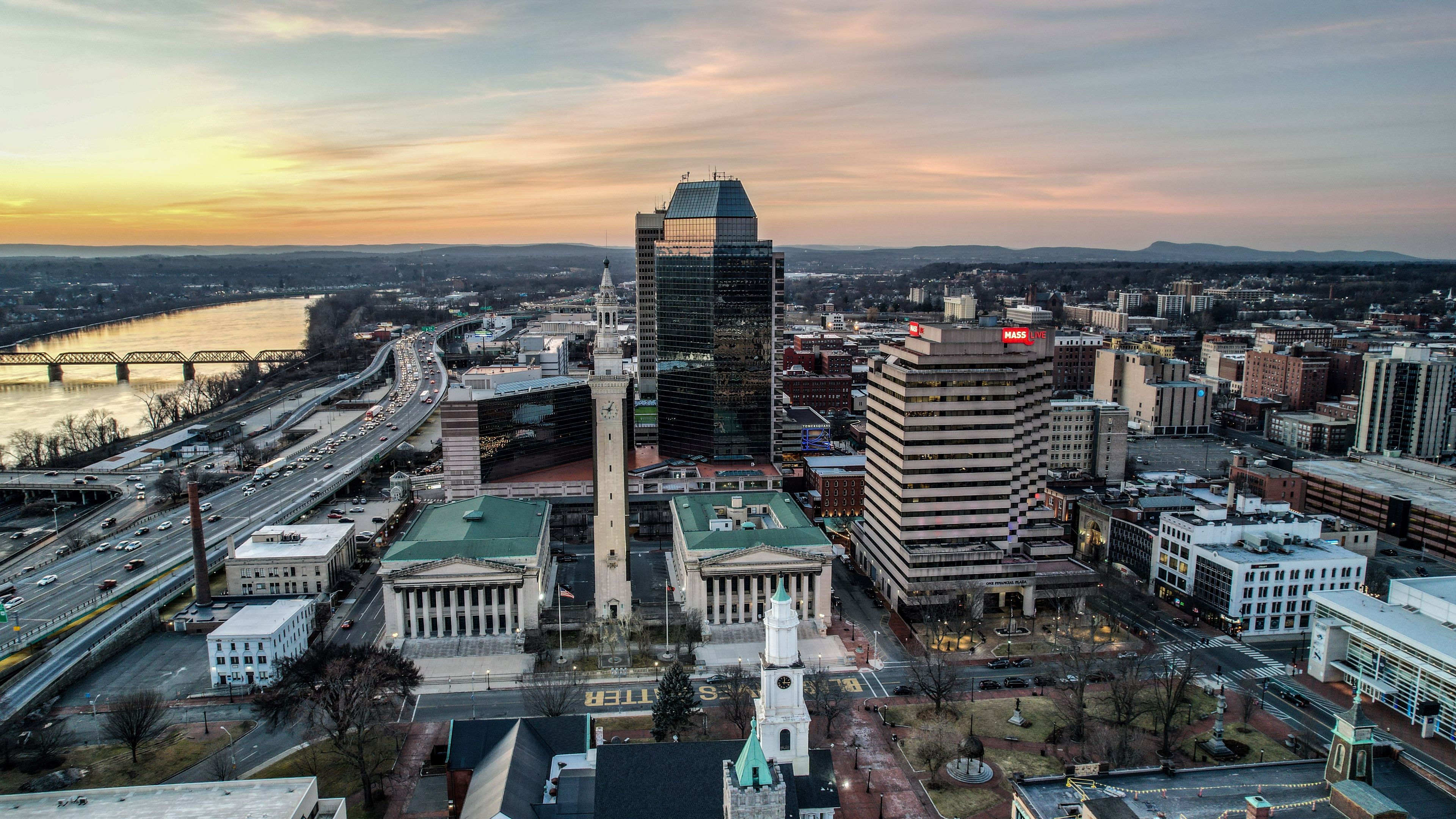 Springfield: Downtown Springfield and the Connecticut River at sunset