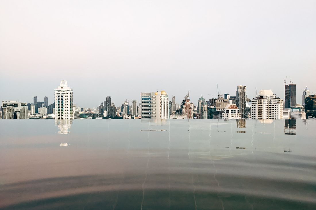 A city skyline at dusk