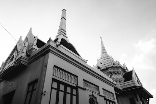Grayscale Photo of a Building in Thailand