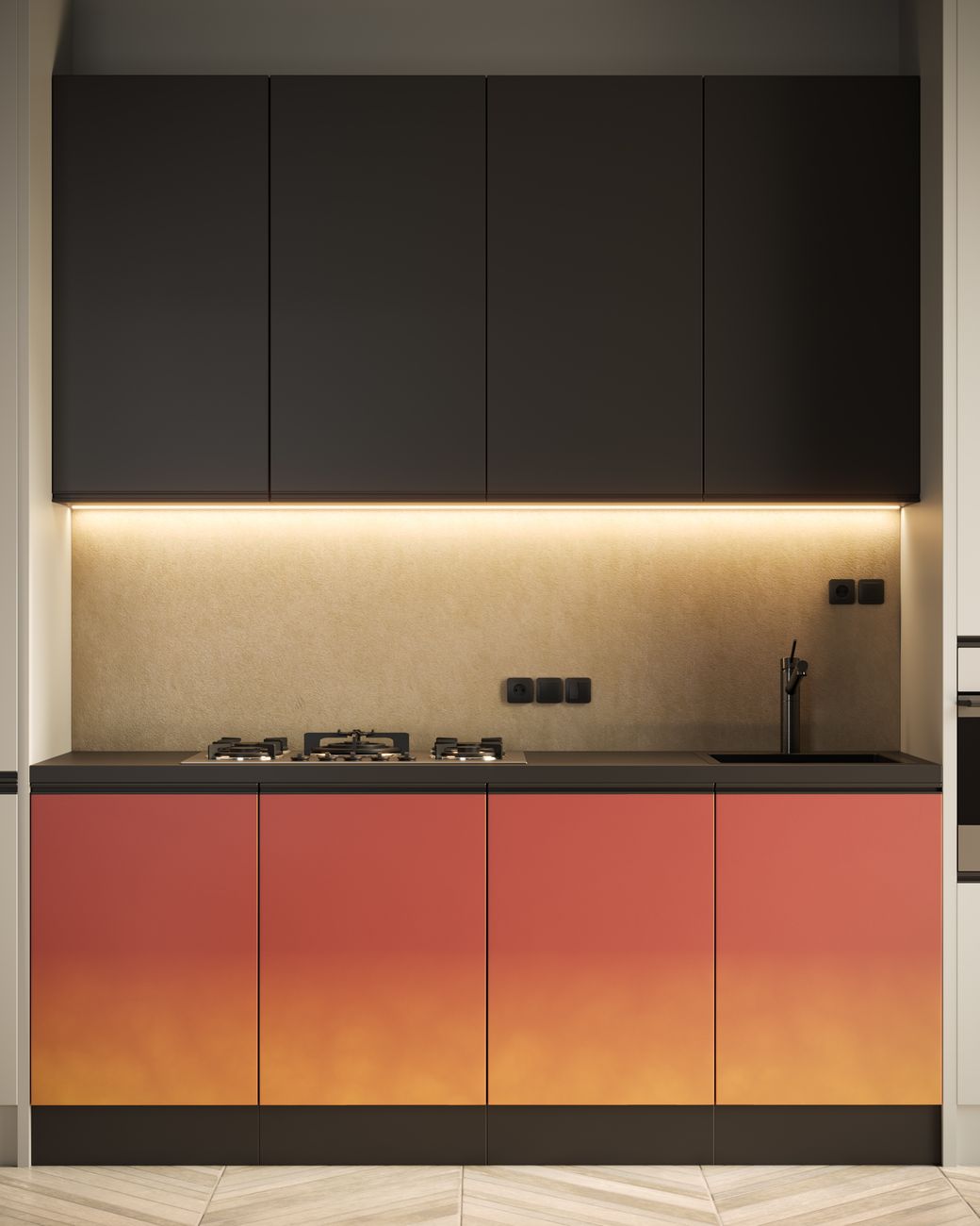 Stylish kitchen with marble counter and pendant lamps