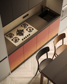 Top view of a modern kitchen with stove, sink, and seating area.