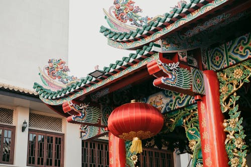 Red Chinese Lantern Hanging Outside the Temple