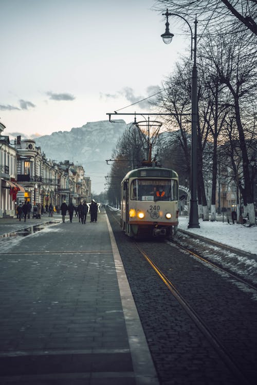 Tram in City in Winter