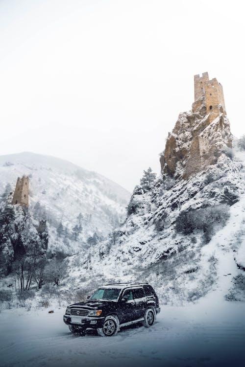 Car in Mountains on Winter Day