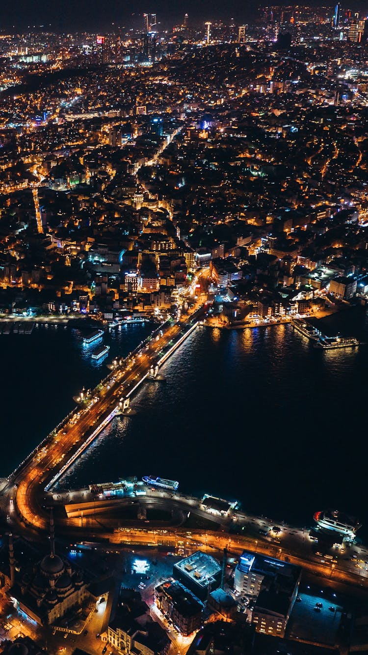 Drone Shot Of The City Of Istanbul At Night