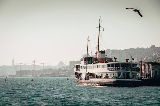 Discover a ferry cruising on the Bosporus, Istanbul, with the city's skyline in the background.
