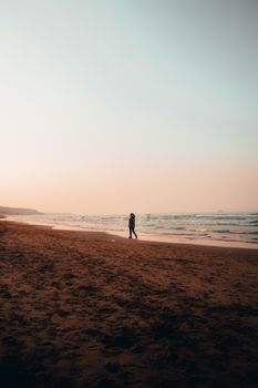 A lone figure walks along a tranquil beach at sunset, casting a serene silhouette.