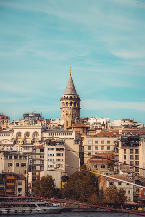 Free Stunning view of Galata Tower amidst the vibrant cityscape of Istanbul under a clear sky. Stock Photo