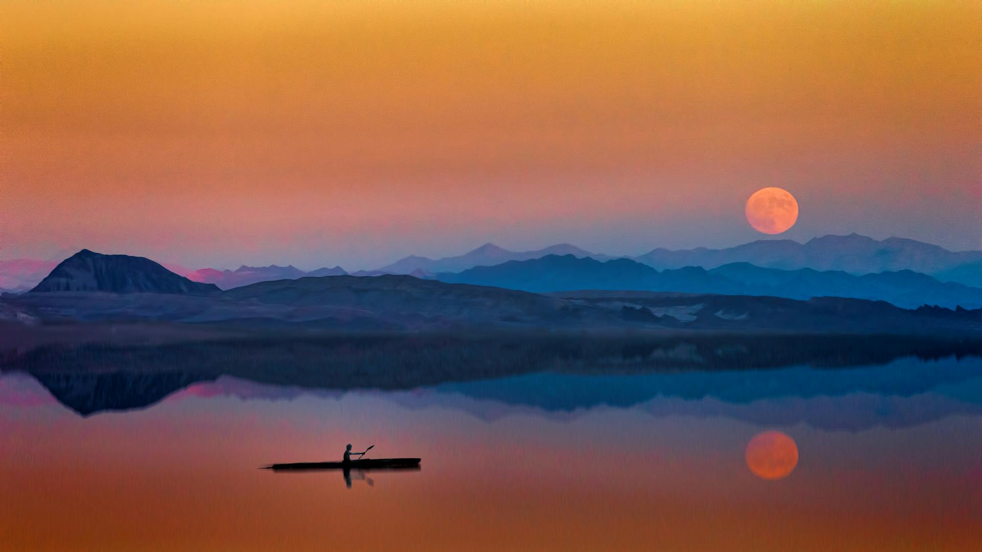 Serene kayak journey on reflective water with stunning sunset and moonrise over mountainous landscape.