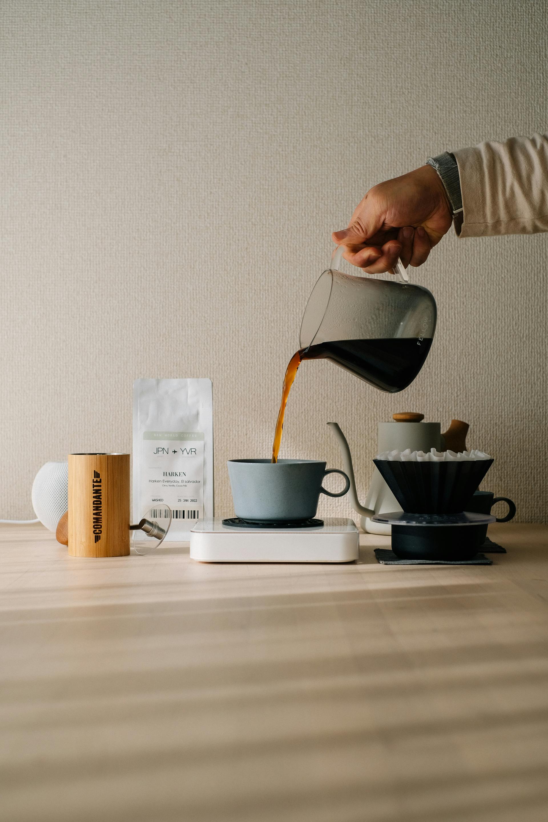 hand pouring coffee into cup