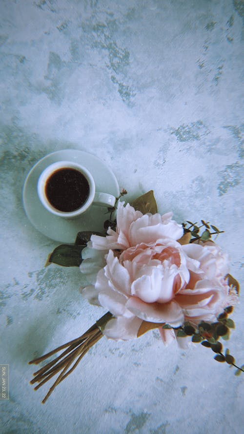 Free Cup of Coffee Beside Pink Flowers Stock Photo