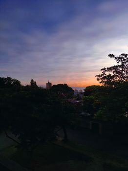 Vibrant sunset over Belo Horizonte skyline with silhouetted trees and cityscape