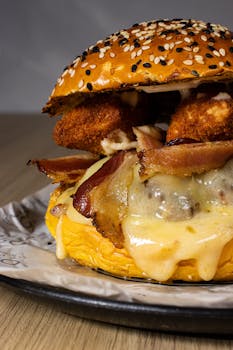 Close-up of a gourmet hamburger with melted cheese, bacon, and crispy toppings, perfect for food photography.