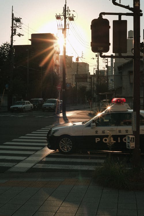 Free Police Car Passing on Pedestrian Lane Stock Photo