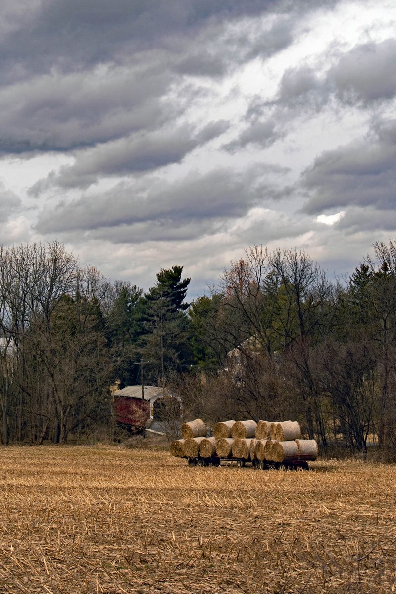 Agricultural materials stored in a rural farm setting