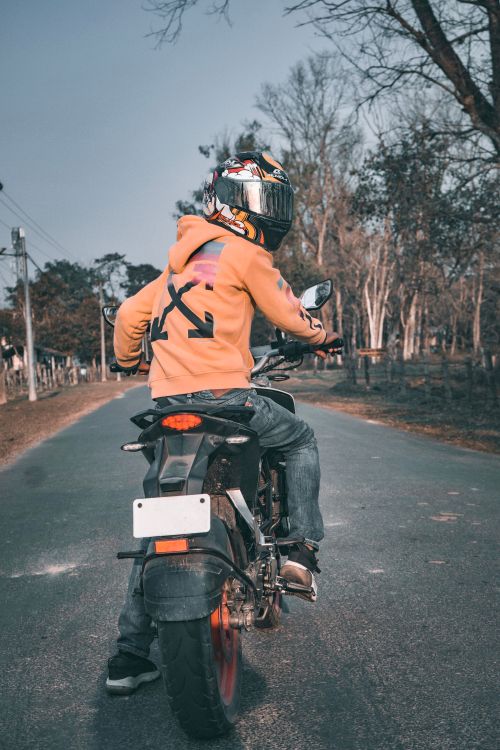 Free A person on a motorcycle rides down an empty road surrounded by trees on a clear day. Stock Photo