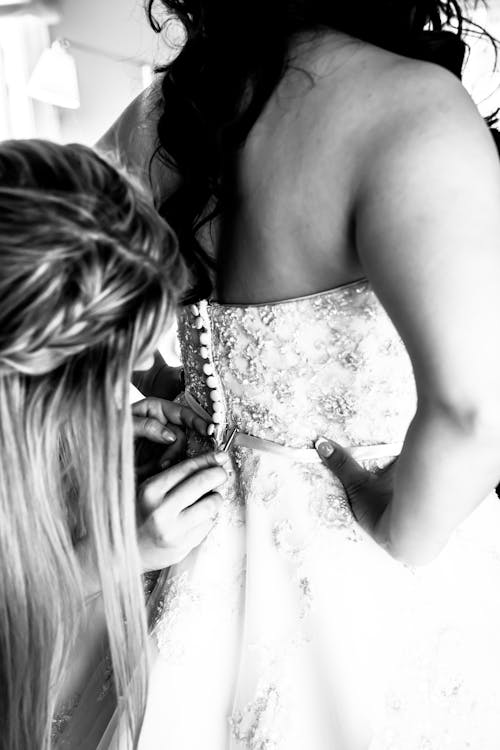 Grayscale Photography of Woman Wearing Bridal Gown