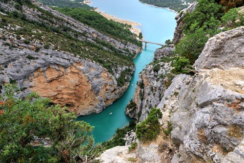 Aerial View of River between Cliffs