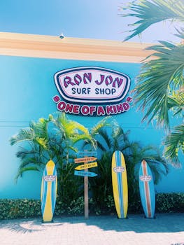 Vibrant display of surfboards outside Ron Jon Surf Shop in Cocoa Beach.