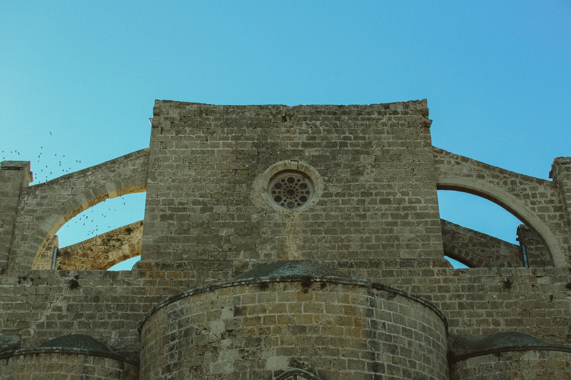 The Gothic facade of Lala Mustafa Pasha Mosque in the walled city of Famagusta