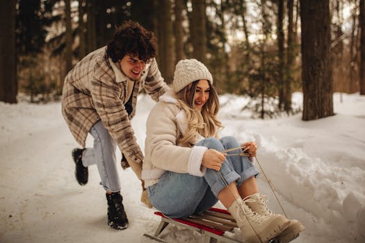 A joyful couple sledding in a snowy Moscow forest, highlighting winter fun and love.