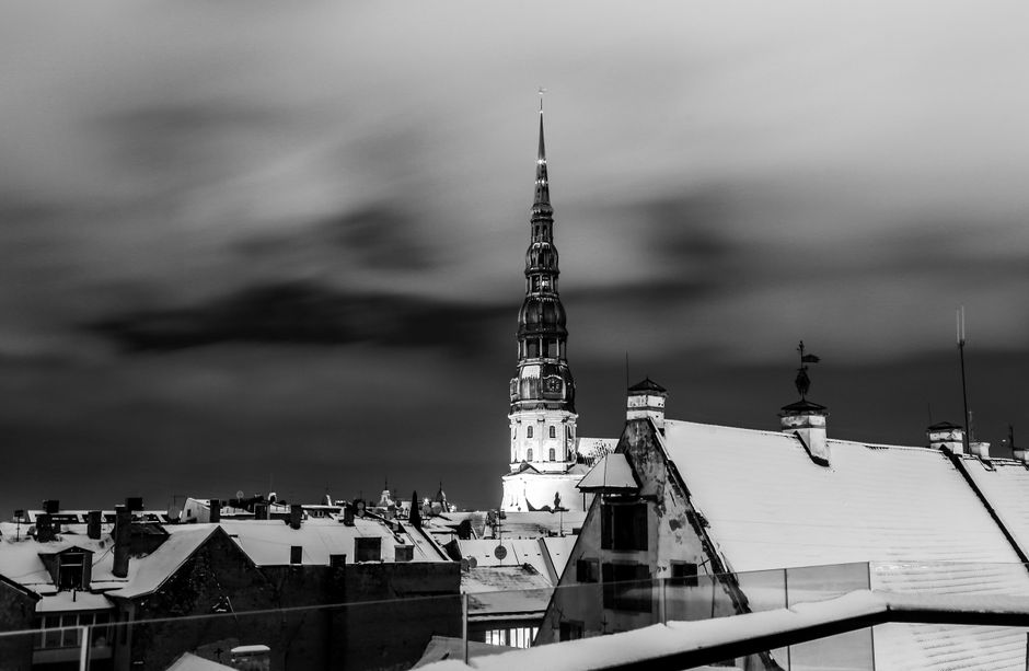Aerial view of Riga Old Town, Latvia, with historic buildings and Daugava River.