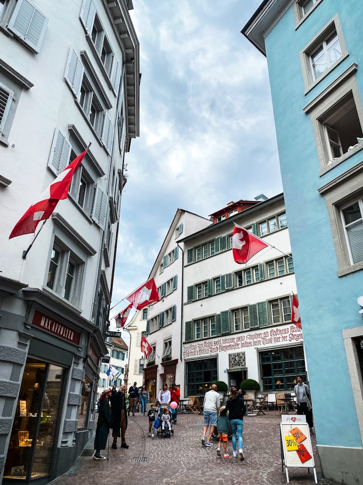 Flags Outside Buildings In Zurich, Switzerland