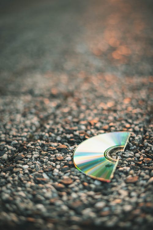 Selective Focus Photography of Half Cut Compact Disc on Gray Pavement