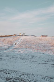 Peaceful winter scene of a snow-covered field and distant horizon at sunset.