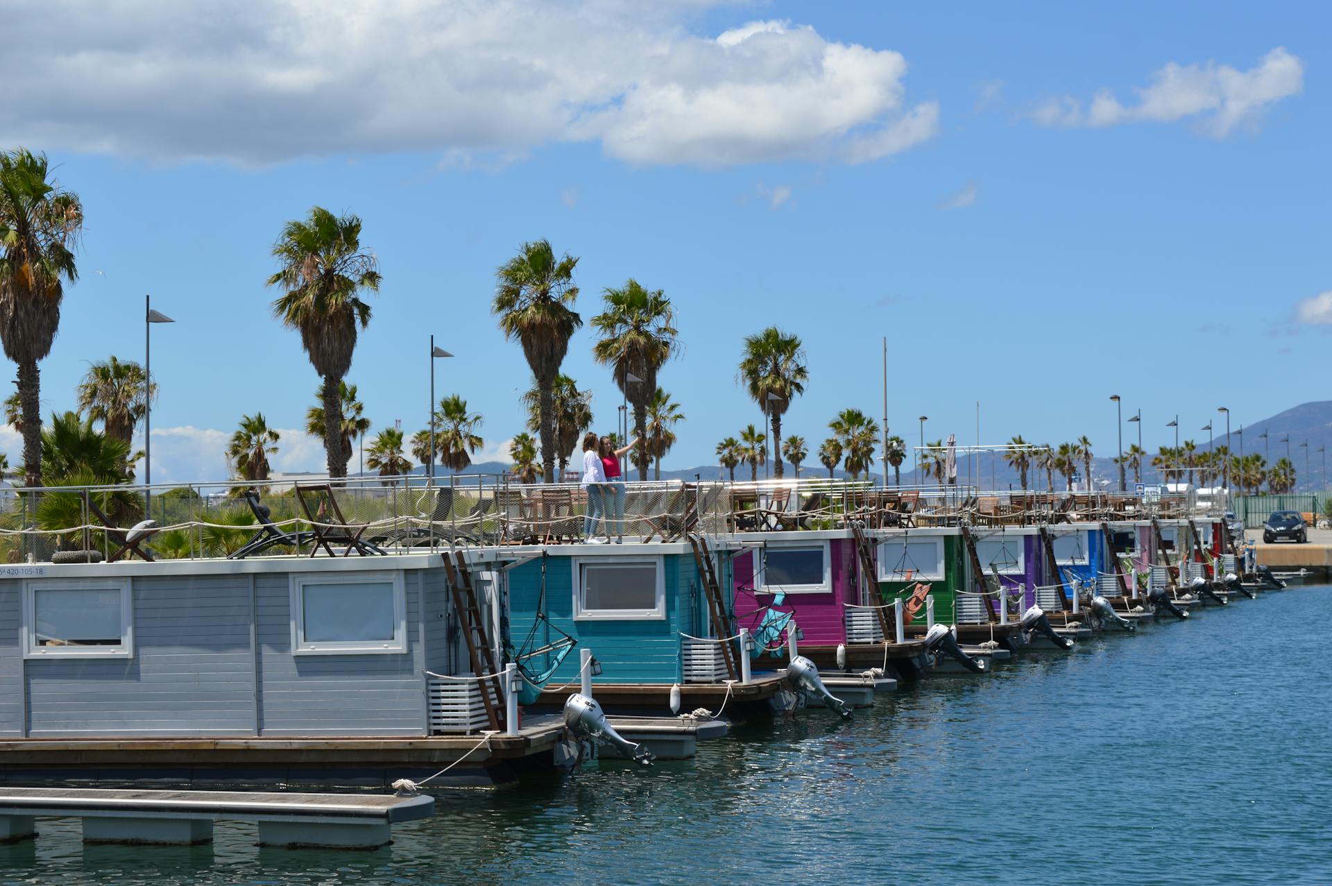 A row of vibrant houseboats docked at a marina surrounded by palm trees under a clear sky.