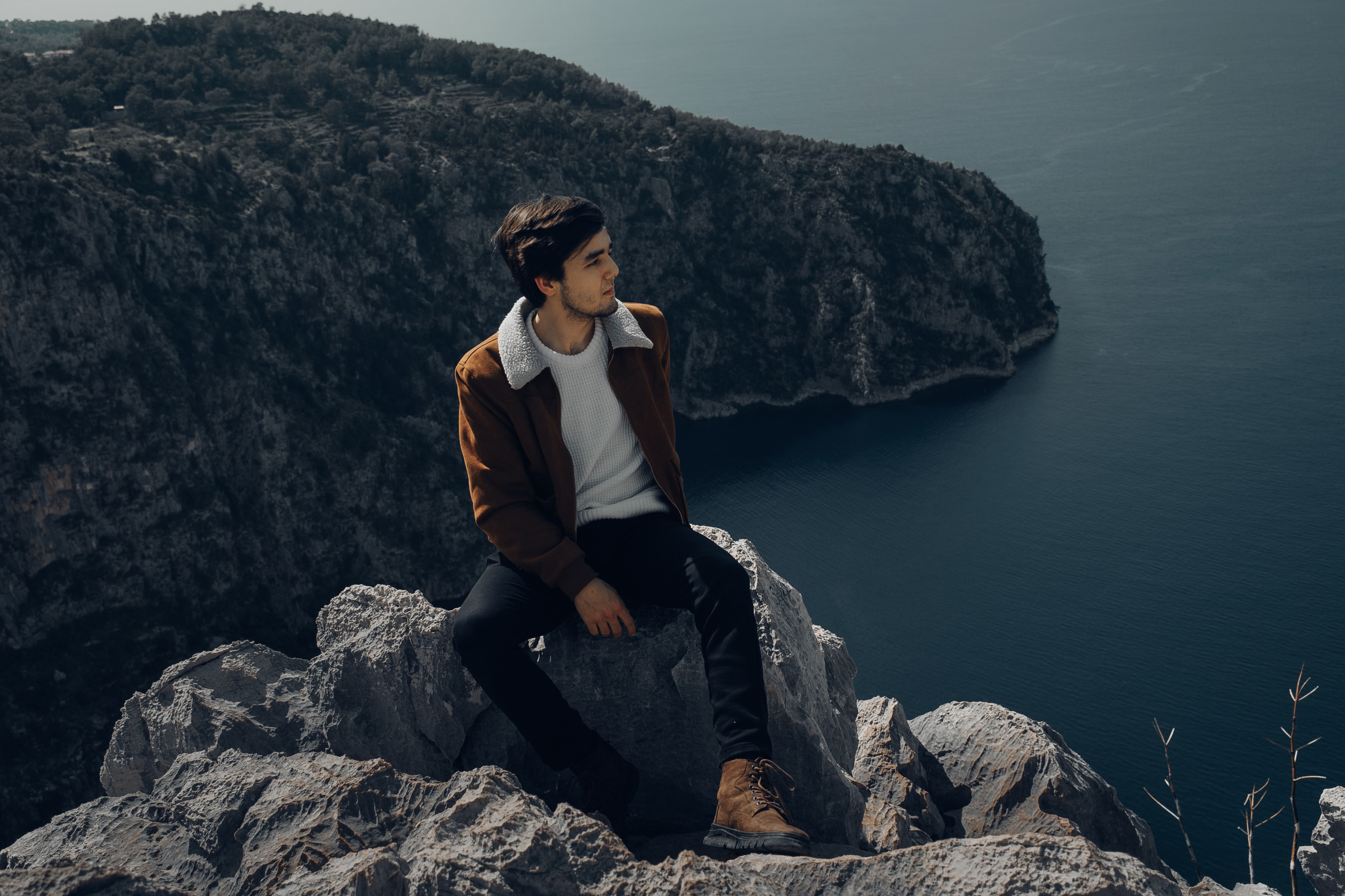 person sitting on a cliff overlooking ocean, no phone in hand