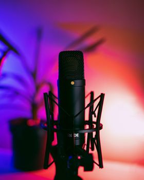 Close-up of a microphone against a colorful neon background, perfect for audio recordings.