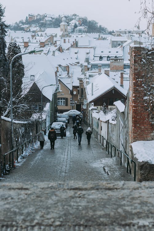 Free People Walking on Snow Covered Pathway Between Houses Stock Photo
