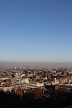 A scenic aerial view of an urban cityscape under a clear blue sky.