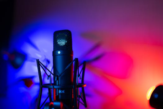 Close-up of a microphone with colorful neon lighting, creating a vibrant studio ambiance.