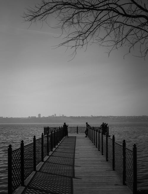 Monochrome Shot of People on a Wooden Dock